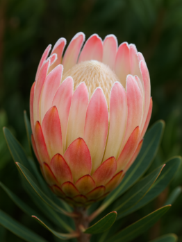 A close-up of Protea 'Pink Cream' in a 6" pot, featuring its flower bud surrounded by lush green leaves.