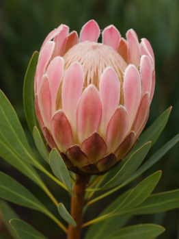 Close-up of Protea 'Pink Pearl' in a 15cm pot, featuring a single vibrant bloom with lush green leaves in the background.