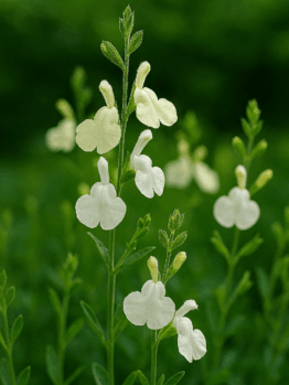 Close-up of Salvia 'Navajo White' Sage flowers with rounded petals blooming on green stems in a 10cm pot, set against a soft, blurred green background.