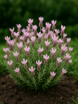 Lavandula Lavinnova® 'Baby Pink Princess' Lavender 15cm Pot is a compact shrub with dense green foliage and numerous light pink, tufted blooms that grows beautifully in garden settings.