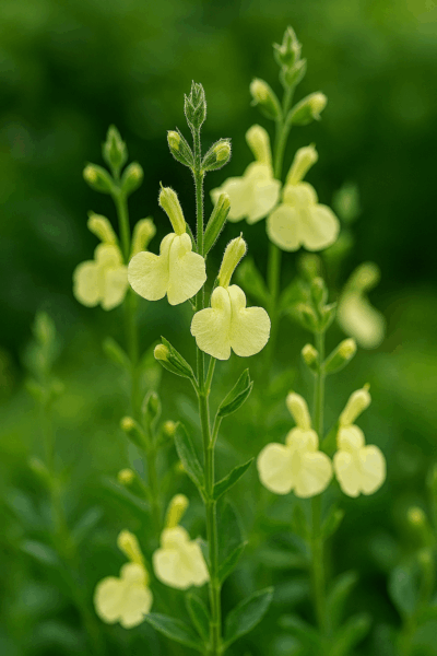 Close-up of tall green stems and clusters of pale yellow flowers of Salvia 'La Luna' Sage, set against a blurred green background. Available in a 10cm pot.