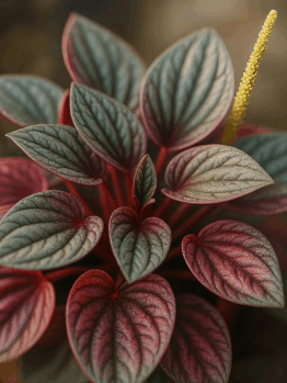 Close-up of Peperomia 'Sunrise' in a 5" pot, displaying its heart-shaped leaves with green and red veins and a single upright yellow flower spike.