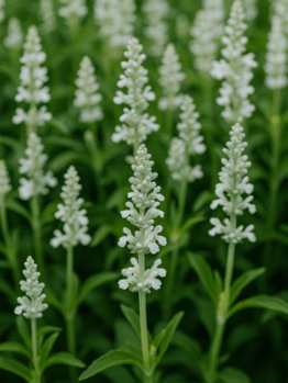 Salvia ‘White Flame’ 15cm Pot features upright white flower spikes with green stems and leaves, densely arranged for eye-catching garden or container displays. Ideal for adding bright colour to beds or pots.