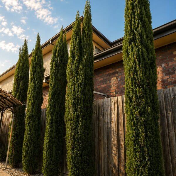Acacia 'Waterfall™' Standard trees in 8" pots are lined up along a wooden fence beside a brick building, beneath a blue sky with scattered clouds.