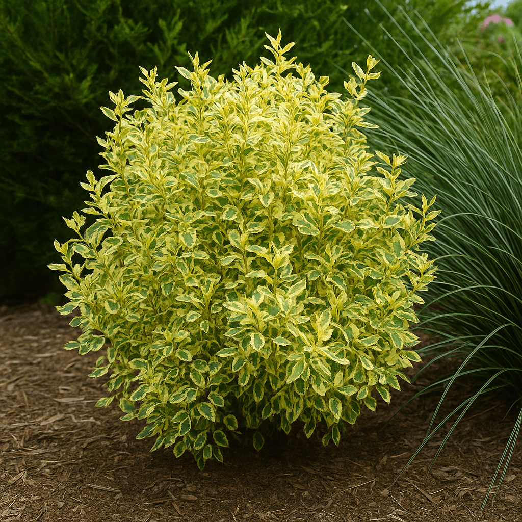Goodenia 'Lighten Up™' Hop Bush in a 15cm pot features dense, yellow-green variegated leaves that brighten mulched garden beds and look stunning among green plants. Ideal for pots or adding vibrant colour to landscape plantings.