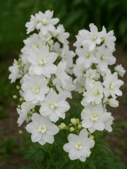 Tall clusters of sky blue Delphinium 'Hunky Dory' flowers with green foliage stand out in a 15cm pot, highlighting this classic variety’s beauty against a blurred outdoor background.