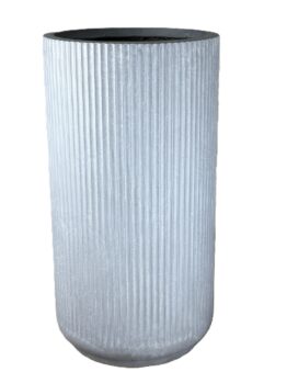 A tall, cylindrical planter with a vertical ribbed texture, made of light grey material, against a white background.