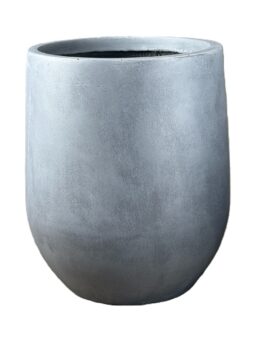 A plain, round, grey concrete planter pot with a smooth surface and an open top, set against a white background.