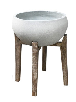 A round, light grey UrbanStyle Bowl Cement 35x23cm planter sits on a rustic wooden tripod stand against a white background.