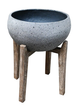 The UrbanStyle Bowl with Legs Cement S 40x42cm (Copy), a round grey planter on three wooden legs, is pictured against a white background.