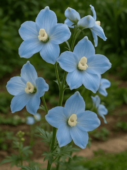 Delphinium 'Hunky Dory' Sky Blue blooms in pale-centred, sky blue clusters on a green stem, presented in a 15cm pot, set against a softly blurred garden background.