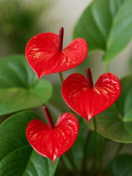The Anthurium 'Casanova' 18cm Pot features three red flowers with glossy, heart-shaped petals and upright spadices, set among lush green leaves.