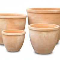 The Terracotta Rim Egg Traditional (SET OF 4) features four pots of different sizes, arranged together against a white background to highlight their classic, traditional design.