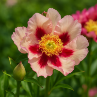 A close-up of Paeonia 'Berry Garcia' Peony Rose in a 10" pot, featuring pale pink petals with dark red centres, green foliage, and a flower bud.