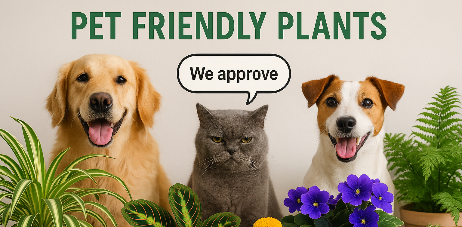A dog, a cat, and another dog sit among various Dog-Friendly Plants with a sign above reading "PET-FRIENDLY PLANTS" and a speech bubble saying "We approve.