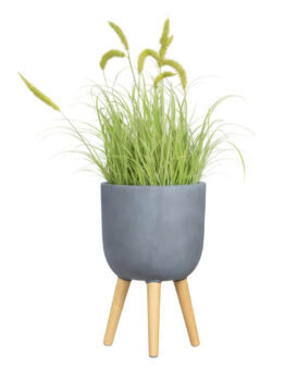 The GardenLite Egg Planter with Legs Brushed Concrete XS 25x25cm features a grey finish and three wooden legs, displaying tall green ornamental grass with fluffy seed heads, set against a white background.