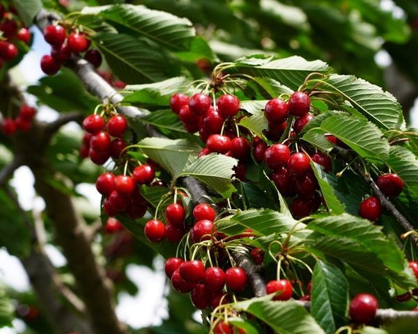 Clusters of ripe red cherries hang among green leaves on the Prunus 'Royal Crimson' Cherry in a 13" pot.