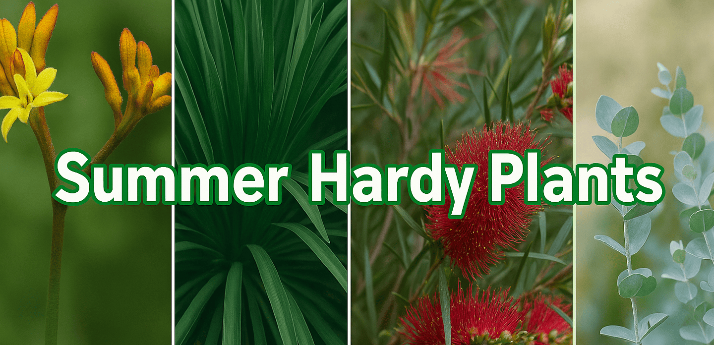 A banner with four close-up photos of Summer Hardy Plants in the background and the text "Summer Hardy Plants" in bold white and green letters across the centre.