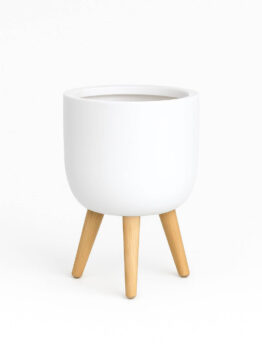 The GardenLite Egg Planter with Legs White M (39x38cm) features a white round design and three light wooden legs, shown against a simple white background.