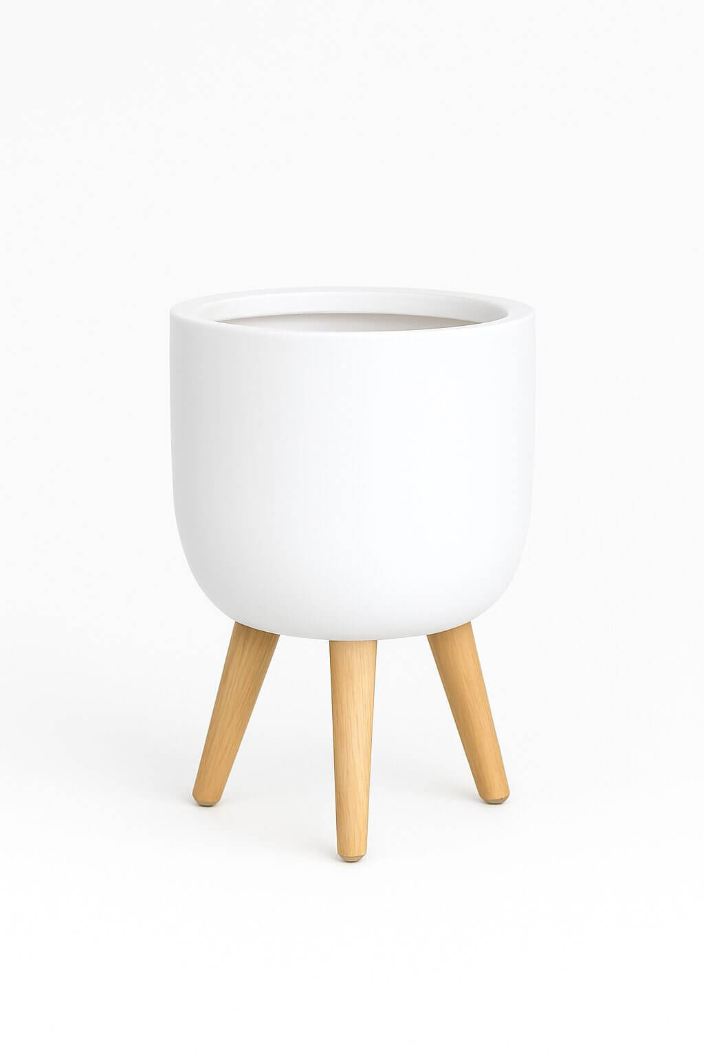 The GardenLite Egg Planter with Legs White M (39x38cm) features a white round design and three light wooden legs, shown against a simple white background.