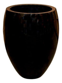 A glossy Coco Urn Black S 48x62cm ceramic vase featuring a rounded, tapered shape and a wide opening at the top.