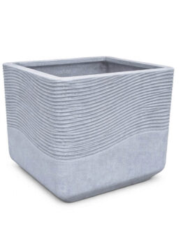 A grey, square planter with textured, wavy horizontal lines on the upper half and a smooth surface on the lower half.