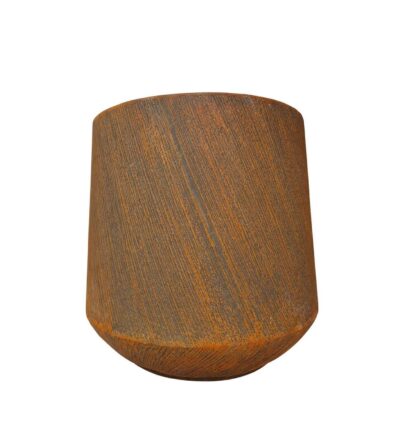 A round, rust-coloured planter with a textured diagonal striped pattern and a slightly tapered base—the GardenLite Torino Tapered Planter Rust (Large)—displayed against a white background.