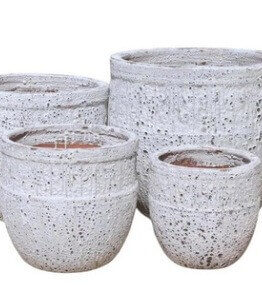 A Sorrento Torino Ancient Egg White Seafoam S plant pot measuring 28x28cm adds an elegant, antique-inspired touch to your décor with its textured white finish.