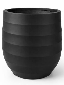 The GardenLite Seychelles Congo Black planter (L, 52x56cm) features a round, ribbed design with a matt black finish, shown against a white background.