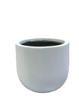 A plain, round, white ceramic plant pot with a smooth surface and an open top, displayed against a white background.