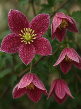 Clematis 'Lansdowne Gem' in a 15cm pot features clusters of reddish-pink, star-shaped flowers with yellow centres and textured petals, set against lush green foliage—perfect for adding vibrant colour anywhere.
