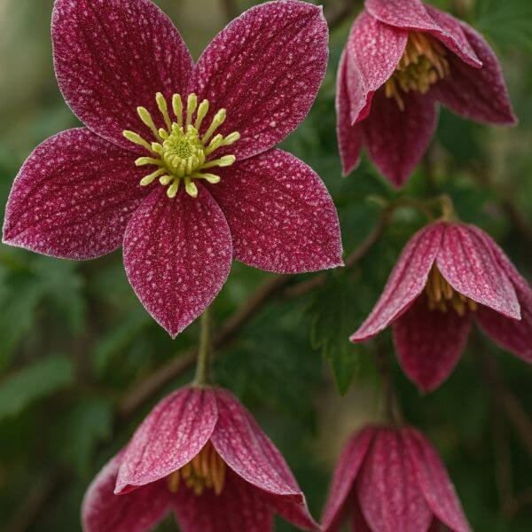 Clematis 'Lansdowne Gem' in a 15cm pot features clusters of reddish-pink, star-shaped flowers with yellow centres and textured petals, set against lush green foliage—perfect for adding vibrant colour anywhere.