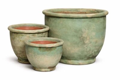 A Seraya Rim Egg ceramic pot in moss green, size large (52x42cm), is displayed on a white background.
