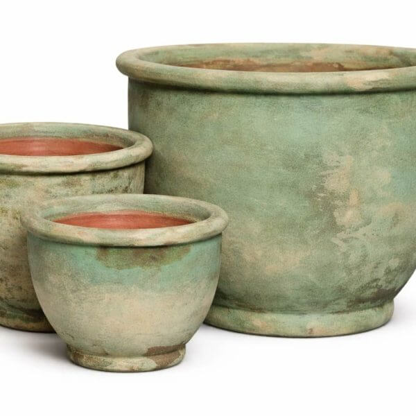 A Seraya Rim Egg ceramic pot in moss green, size large (52x42cm), is displayed on a white background.