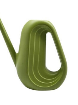 A green watering can with a modern, geometric design and an elongated spout.
