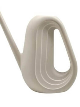 A modern, white watering can with a geometric, looped handle and a long, narrow spout.