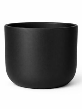 A matt black cylindrical ceramic planter with smooth, rounded edges, set against a white background.