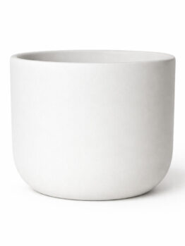 A plain, round, white ceramic plant pot with a smooth matt finish on a white background.