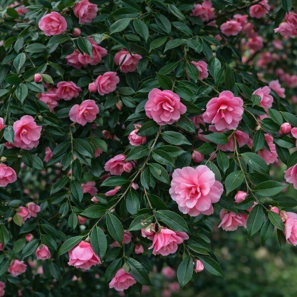 Branches with numerous pink camellia flowers and glossy green leaves fill the frame, while a Lagerstroemia 'Pinky Pink™' Crepe Myrtle 8" Pot adds vibrant colour to this healthy, blooming outdoor garden setting.