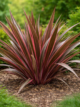 A Phormium 'Pink Stripe' Flax in an 8" pot, with vibrant pink-striped leaves, grows in a mulched garden bed surrounded by lush green shrubs.