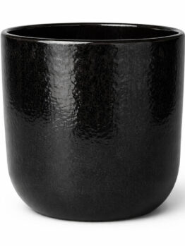 A black, textured ceramic plant pot with a rounded base, shown against a plain white background.