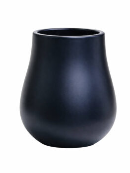 Matte black, rounded vase with a wide base and narrow opening, set against a plain white background.