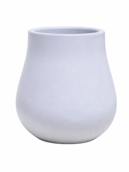 A matt light grey ceramic vase with a wide, rounded base and a slightly narrower, flat-topped opening, set against a white background.