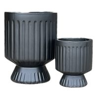 A Balmoral Raised Cylinder Black planter (27x33cm) with a ribbed design and pedestal base is displayed on a plain white background.