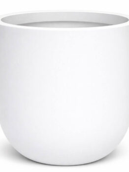 A plain, round, white ceramic plant pot with a smooth surface and no visible decorations, photographed against a white background.