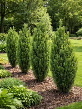 Four Upright Japanese Plum Yew shrubs are planted in a row on a mulched garden bed, with green grass and trees in the background.