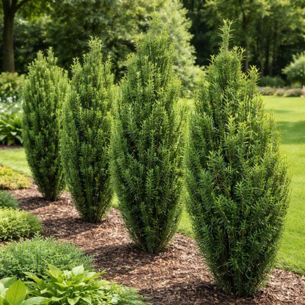Four Upright Japanese Plum Yew shrubs are planted in a row on a mulched garden bed, with green grass and trees in the background.