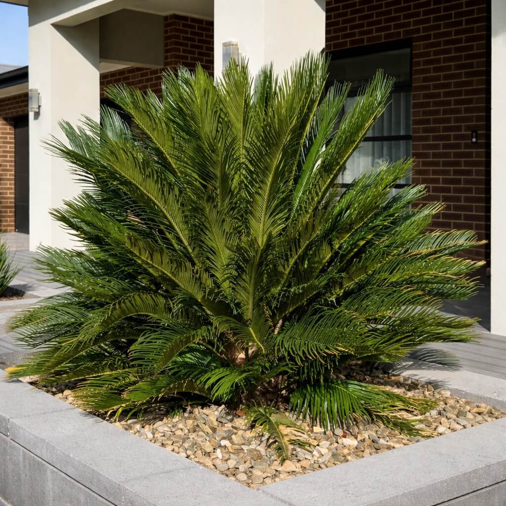 A raised stone planter filled with small stones features a sago palm and Tulbaghia 'Society Garlic' Variegated 15cm Pot (Bulk Buy of 12) in front of a modern brick house, creating striking green and variegated accents.
