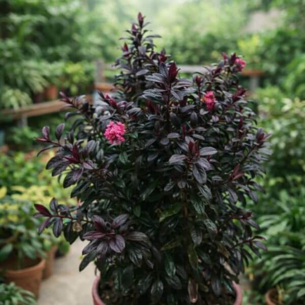 A Hebe 'Black Satin' 15cm Pot, featuring dark purple leaves and clusters of small pink flowers, is displayed among other green plants in a garden setting.