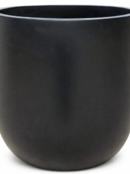 A large, round, matt black plant pot with a smooth surface, shown against a white background.